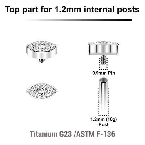 YTP12X16 Pack of 5 Titanium Internally threaded labret tops with a single marquis cut prong set CZ stone, Thread size 0.9mm
