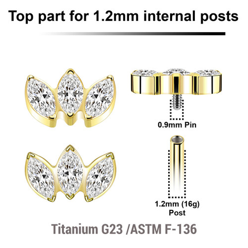 UTP12X03 Pack of 5 Gold PVD plated Titanium G23 Internally threaded labret tops with 3 marquis cut prong set CZ stones, Thread size 0.9mm