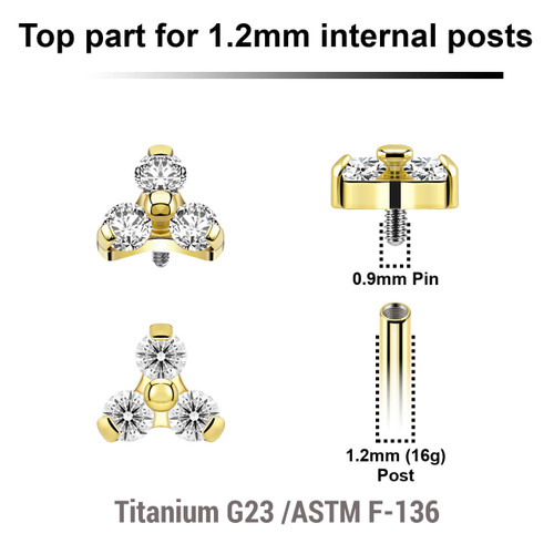 UTP12X07 Pack of 5 Gold PVD plated Titanium G23 Internally threaded labret trinity tops with three 2mm prong set CZ stones, Thread size 0.9mm