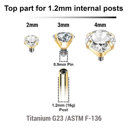 UTP12CZ Pack of 10 Gold PVD plated titanium CZ prong set attachments for 1.2mm internally threaded items, Thread size 0.9mm