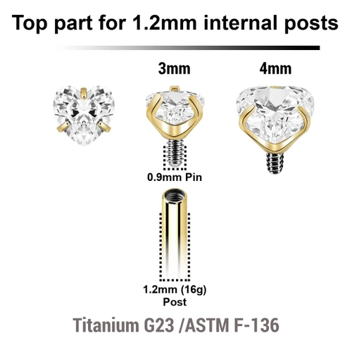UTP12CZH Pack of 10 Gold PVD plated titanium 3mm heart shaped prong set CZ attachments for 1.2mm internally threaded items, Thread size 0.9mm