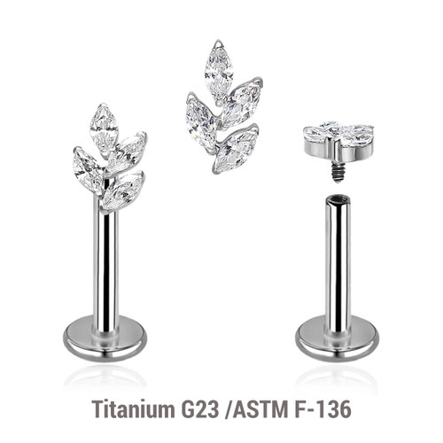 YLB12X14 Pack of 5 high polished titanium internally threaded labrets, Thickness 1.2mm, with a leaf shaped top with 4 marquis cut prong set CZ stones