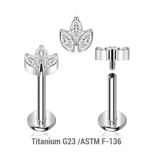 YLB12X15 Pack of 5 high polished titanium internally threaded labrets, Thickness 1.2mm, with a leaf shaped top with 3 marquis cut prong set CZ stones