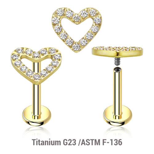 ULB12X12 Pack of 5 Gold PVD plated titanium internally threaded labrets, Thickness 1.2mm, with a CZ studded heart top