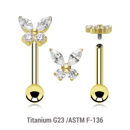 UBA12X04 Pack of 3 Gold PVD plated titanium internally threaded barbells, Thickness 1.2mm, with butterfly-shaped top with prong set CZ stones and a lower 3mm plain ball UBA12X04 Pack of 3 Gold PVD plated titanium internally threaded barbells, Thickness 1.2mm, with butterfly-shaped top with prong set CZ stones and a lower 3mm plain ball