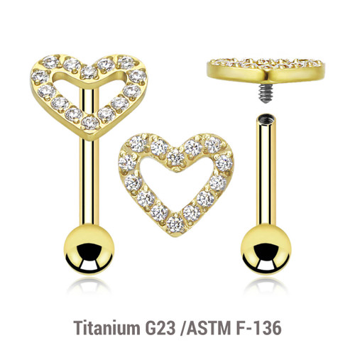 UBA12X12 Pack of 3 Gold PVD plated titanium internally threaded barbells, Thickness 1.2mm, with a CZ studded heart top and a lower 3mm plain ball UBA12X12 Pack of 3 Gold PVD plated titanium internally threaded barbells, Thickness 1.2mm, with a CZ studded heart top and a lower 3mm plain ball