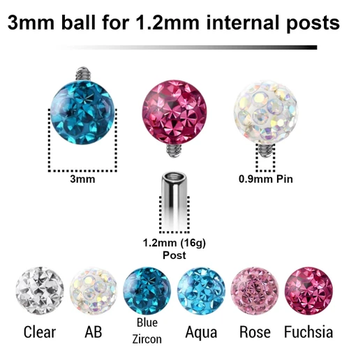 CYB12N3I Pack of 10 multi-crystal balls with 3mm diameter and epoxy resin cover for 1.2mm (16g) internally threaded Post with a Titanium 0.9mm internally threaded pin