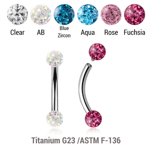 YBN12BF3 Pack of 5 high polished titanium internally threaded eyebrow bananas, Thickness 1.2mm, with two 3mm multi-crystal balls with epoxy resin cover.