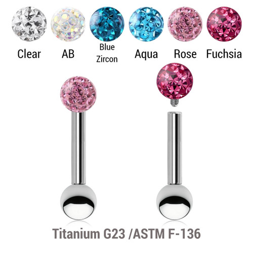 YBA12BF3S Pack of 5 high polished titanium internally threaded tragus barbells, Thickness 1.2mm, with a top 3mm multi-crystal ball with epoxy resin cover and a lower 3mm plain ball