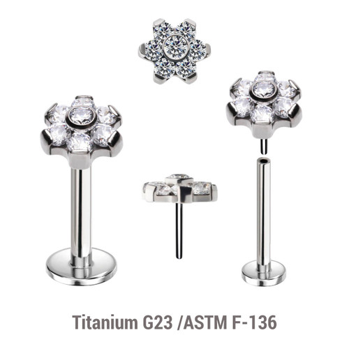 KLBXXX01 Pack of 5 high polished titanium threadless push in labrets with 5mm flower shaped top with prong set CZ stones
