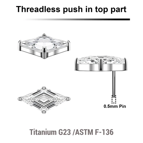 KTP05X02 Pack of 5 Titanium G23 threadless push in labret top with 1 prong set Lozenge cut CZ stone