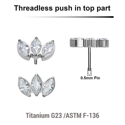 KTP05X03 Pack of 5 Titanium G23 threadless push in labret top with 3 marquis cut prong set CZ stones