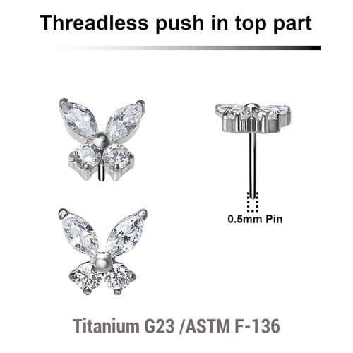 KTP05X04 Pack of 5 Titanium G23 threadless push in labret top in butterfly shape with prong set CZ stones (4 stones)