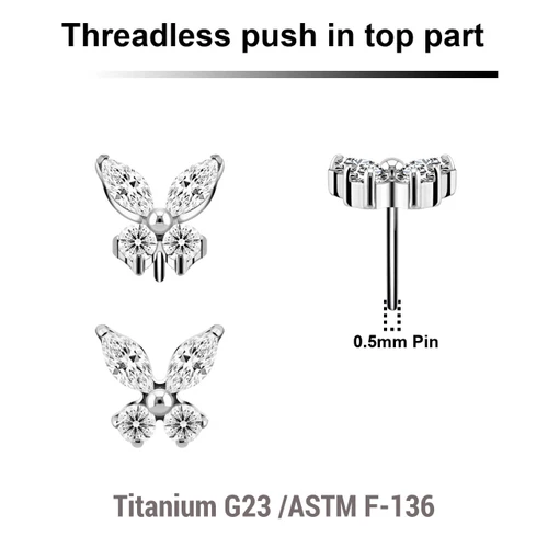 KTP05X04 Pack of 5 Titanium G23 threadless push in labret top in butterfly shape with prong set CZ stones