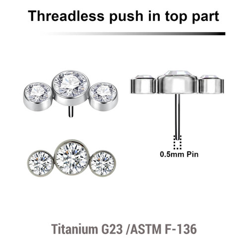 KTP05X08 Pack of 5 Titanium G23 threadless push in labret top with an elongated top with 3 bezel set crystals