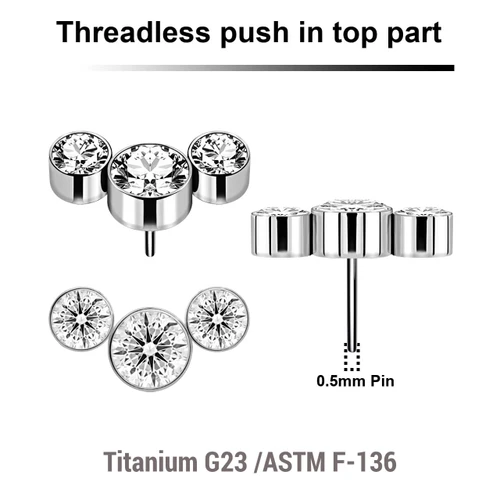 KTP05X08 Pack of 5 Titanium G23 threadless push in labret top with an elongated top with 3 bezel set crystals