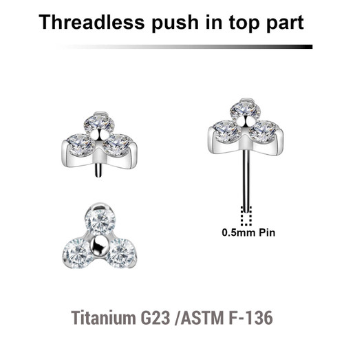 KTP05X09 Pack of 5 Titanium G23 threadless push in labret top with 3 round prong set 1.5mm CZ stones