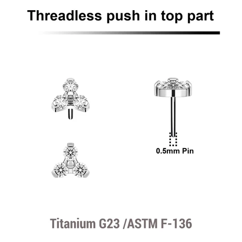 KTP05X09 Pack of 5 Titanium G23 threadless push in labret top with 3 round prong set 1.5mm CZ stones