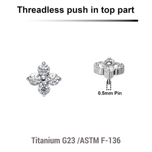 KTP05X10 Pack of 5 Titanium G23 threadless push in labret top with 4 round prong set 2mm CZ stones KTP05X10 Pack of 5 Titanium G23 threadless push in labret top with 4 round prong set 2mm CZ stones