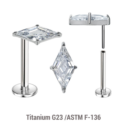 KLBXXX02 Pack of 5 high polished titanium threadless push in labrets with 1 prong set Lozenge cut CZ stone