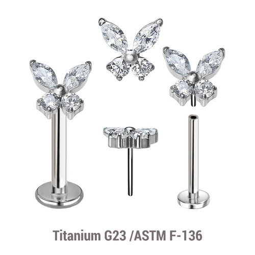 KLBXXX04 Pack of 5 high polished titanium threadless push in labrets with butterfly-shaped top with prong set CZ stones
