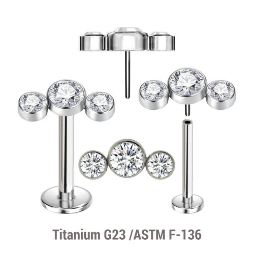 KLBXXX08 Pack of 5 high polished titanium threadless push in labrets with an elongated top with three bezel set crystals