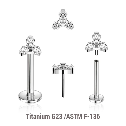 KLBXXX09 Pack of 5 high polished titanium threadless push in labrets with a trinity top with three 1.5mm prong set CZ stones