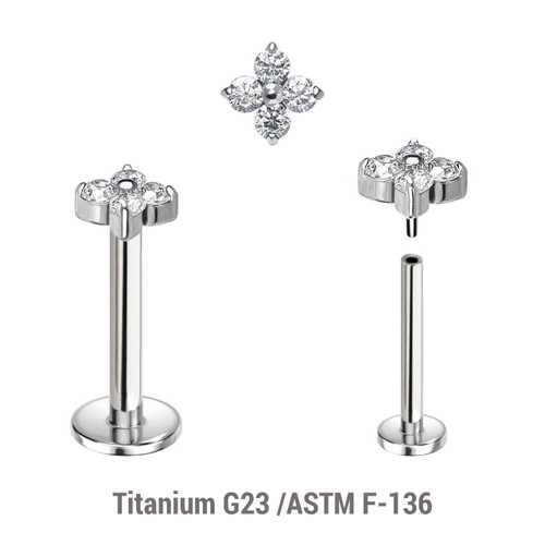 KLBXXX10 Pack of 5 high polished titanium threadless push in labrets with quadruple 2mm prong set CZ top KLBXXX10 Pack of 5 high polished titanium threadless push in labrets with quadruple 2mm prong set CZ top