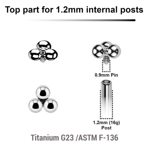 YTP12X17 Pack of 5 Titanium G23 Internally threaded labret tops with a plain trinity ball design