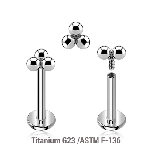 YLB12X17 Pack of 5 high polished titanium internally threaded labrets, Thickness 1.2mm, with a plain trinity top