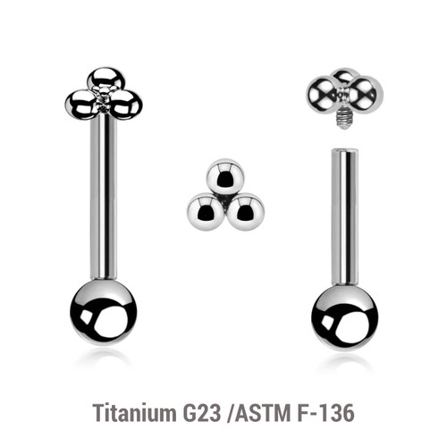 YBA12X17 Pack of 5 high polished titanium internally threaded tragus barbells, Thickness 1.2mm, with a plain trinity top and a lower 3mm plain ball YBA12X17 Pack of 5 high polished titanium internally threaded tragus barbells, Thickness 1.2mm, with a plain trinity top and a lower 3mm plain ball