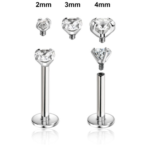 FLB12CZ Pack of 10 surgical steel internally threaded labrets, Thickness 1.2mm, with prong set CZ stones