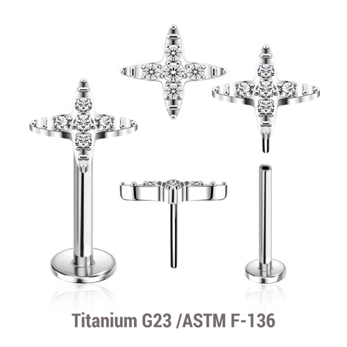 KLBXXX06 Pack of 5 high polished titanium threadless push in labrets with cross-shaped top with prong set CZ stones