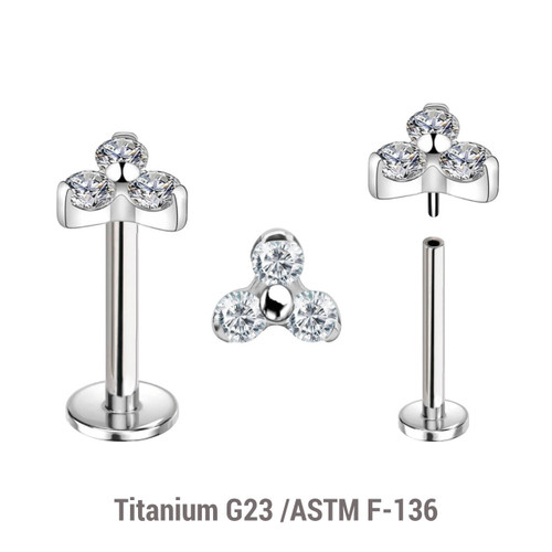 KLBXXX07 Pack of 5 high polished titanium threadless push in labrets with a trinity top with three 2mm prong set CZ stones KLBXXX07 Pack of 5 high polished titanium threadless push in labrets with a trinity top with three 2mm prong set CZ stones