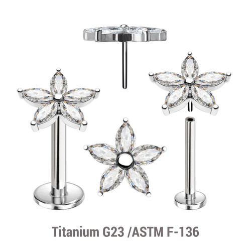 KLBXXX11 Pack of 5 high polished titanium threadless push in labrets with a flower top with 5 CZ petals