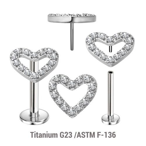 KLBXXX12 Pack of 5 high polished titanium threadless push in labrets with a CZ studded heart top