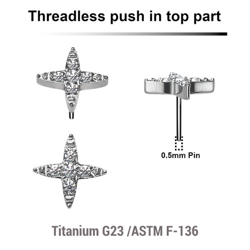 KTP05X06 Pack of 5 Titanium G23 threadless push in labret tops in cross shape with prong set CZ stones