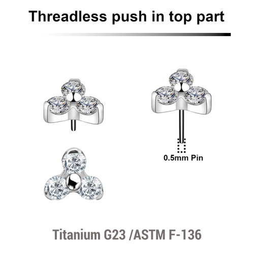 KTP05X07 Pack of 5 Titanium G23 threadless push in labret trinity top with 3 round prong set 2mm CZ stones