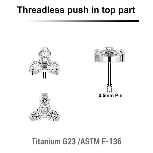 KTP05X07 Pack of 5 Titanium G23 threadless push in labret trinity top with 3 round prong set 2mm CZ stones