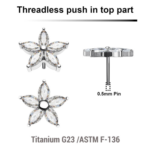 KTP05X11 Pack of 5 Titanium G23 threadless push in labret top with a flower top with 5 CZ petals