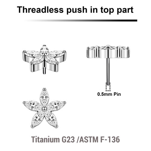 KTP05X11 Pack of 5 Titanium G23 threadless push in labret top with a flower top with 5 CZ petals