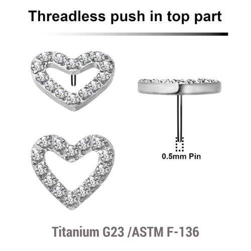 KTP05X12 Pack of 5 Titanium G23 threadless push in labret top with CZ studded heart shaped top