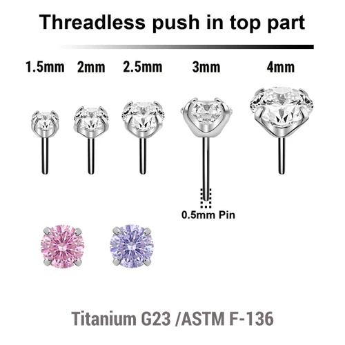 KTP05CZ Pack of 10 Titanium G23 threadless push in labret tops with prong set round CZ