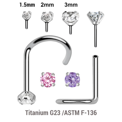 KNS08CZ Pack of 5 high polished titanium threadless nose screws in 0.8mm thickness with prong set CZ tops KNS08CZ Pack of 5 high polished titanium threadless nose screws in 0.8mm thickness with prong set CZ tops