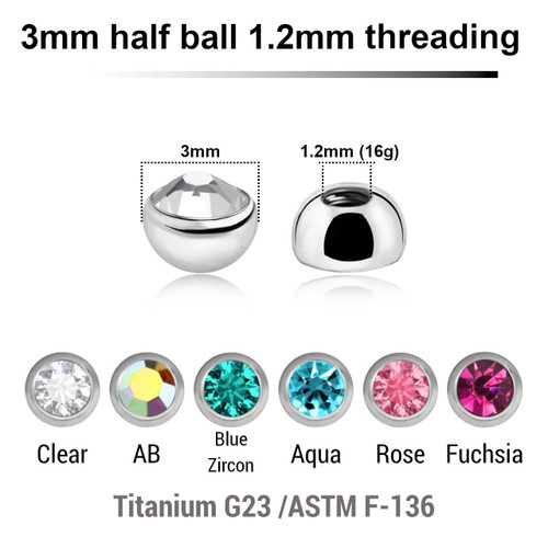 TYB12J3H Pack of 10 high polished titanium G23 half jewel balls with a 3mm diameter and a bezel set crystal, 1.2mm threading