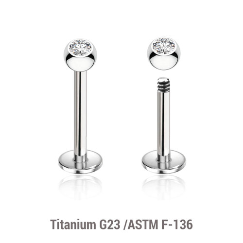 TLB12BJ3 Pack of 10 Titanium labrets, Thickness 1.2mm, with 3mm bezel set crystal ball