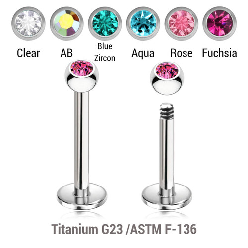 TLB12BJ3 Pack of 10 Titanium labrets, Thickness 1.2mm, with 3mm bezel set crystal ball
