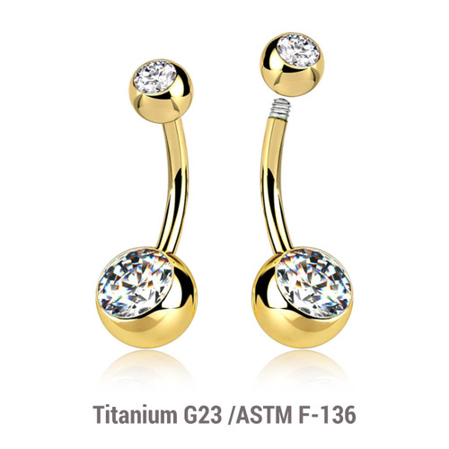 EBN16BJ58 Wholesale pack of 5 Gold PVD plated Titanium G23 belly bananas, Thickness 1.6mm, with 5 mm + 8 mm bezel set crystal balls EBN16BJ58 Wholesale pack of 5 Gold PVD plated Titanium G23 belly bananas, Thickness 1.6mm, with 5 mm + 8 mm bezel set crystal balls