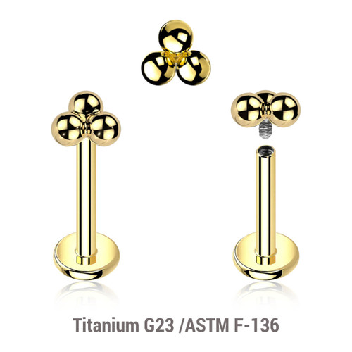 ULB12X17 Pack of 5 Gold PVD plated titanium internally threaded labrets, Thickness 1.2mm, with a plain trinity ball top ULB12X17 Pack of 5 Gold PVD plated titanium internally threaded labrets, Thickness 1.2mm, with a plain trinity ball top