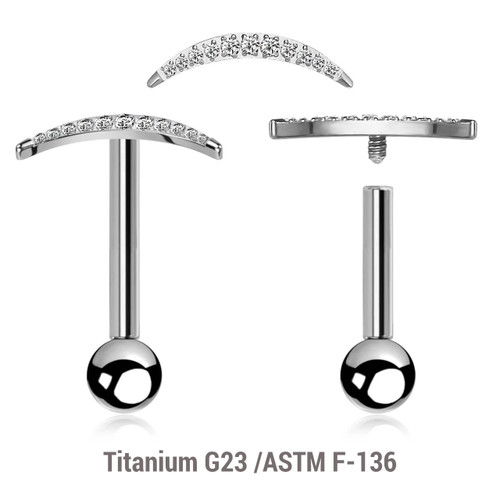 YBA12X18 Pack of 5 high polished titanium internally threaded tragus barbells, Thickness 1.2mm, with a CZ studded crescent moon top and a lower 3mm plain ball YBA12X18 Pack of 5 high polished titanium internally threaded tragus barbells, Thickness 1.2mm, with a CZ studded crescent moon top and a lower 3mm plain ball